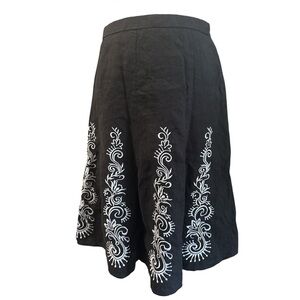 LOFT Black Linen White Embroidered A-Line Flair Fully Lined Midi Skirt Sz 2 EUC